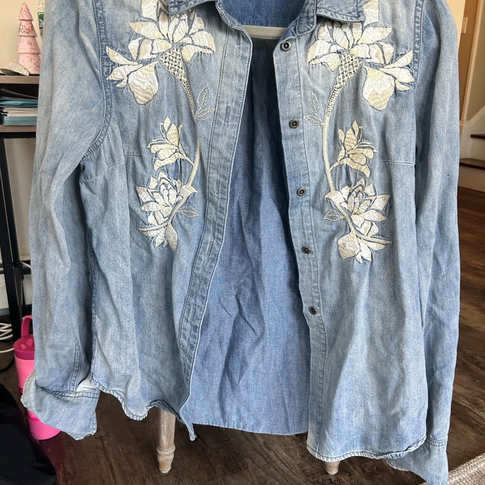 Free People Blue Button Down Shirt with White Floral Embroidery